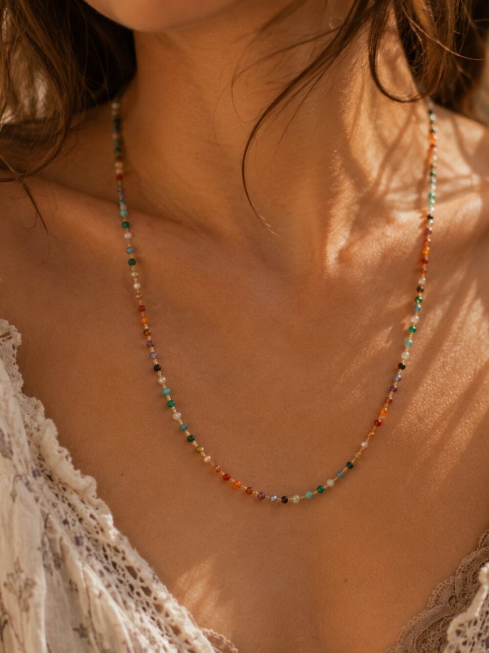 Colorful Beaded Gemstone Necklace, Minimalist Rainbow Stone Necklace, Dainty